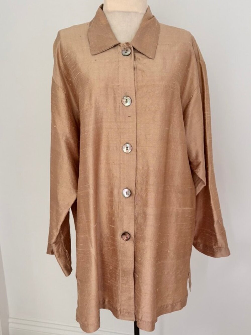 Vintage 1990s silk shantung gold blouse in a relaxed, button-down style.